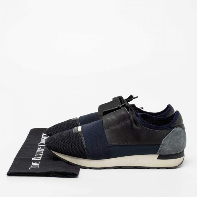 Pre Owned Balenciaga Blue/Black Mesh and Leather Race Runner Low-Top Sneakers Size 43