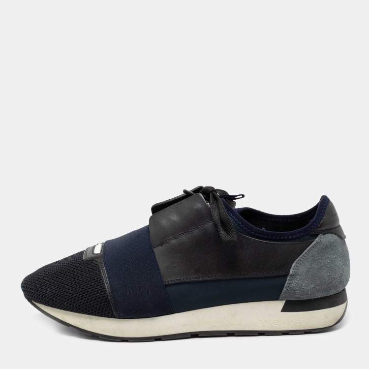 Pre Owned Balenciaga Blue/Black Mesh and Leather Race Runner Low-Top Sneakers Size 43