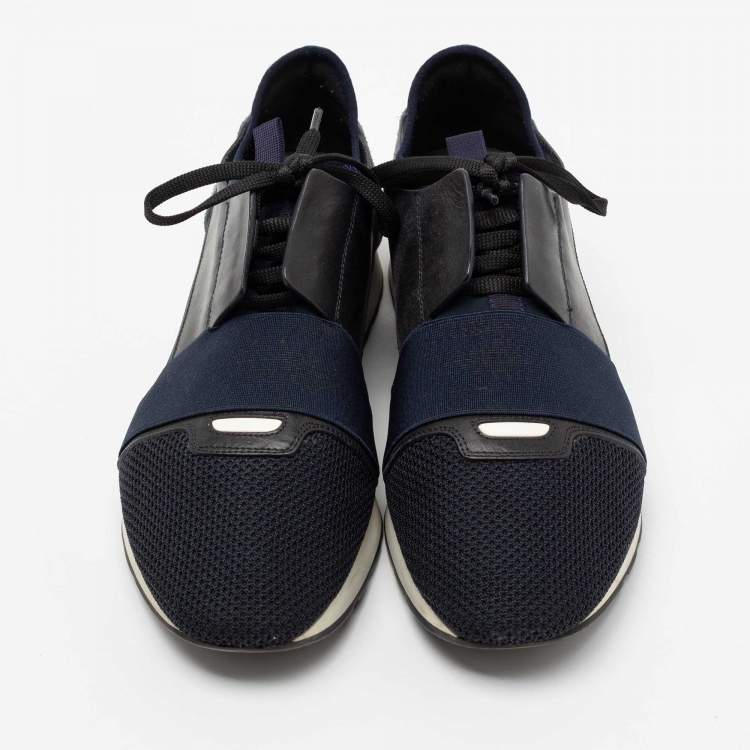 Pre Owned Balenciaga Blue/Black Mesh and Leather Race Runner Low-Top Sneakers Size 43