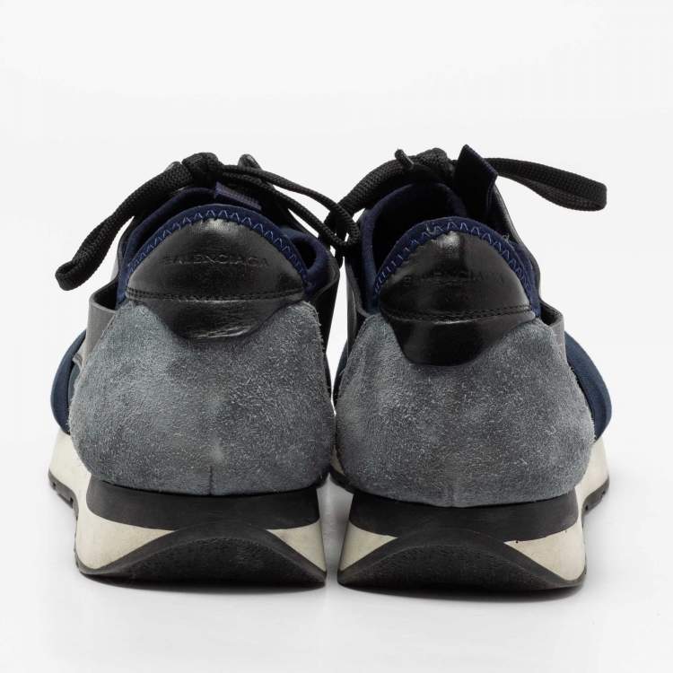 Pre Owned Balenciaga Blue/Black Mesh and Leather Race Runner Low-Top Sneakers Size 43