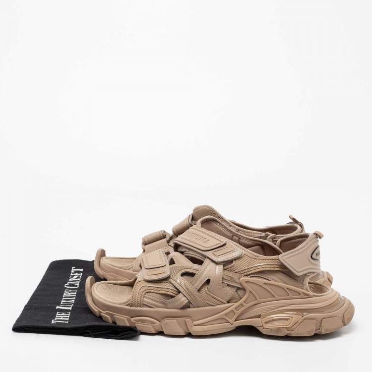 Pre Owned Balenciaga Light Brown Rubber and Leather Track Strap Sandals Size 42