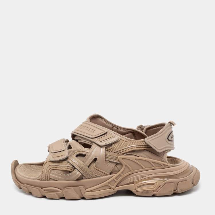 Pre Owned Balenciaga Light Brown Rubber and Leather Track Strap Sandals Size 42
