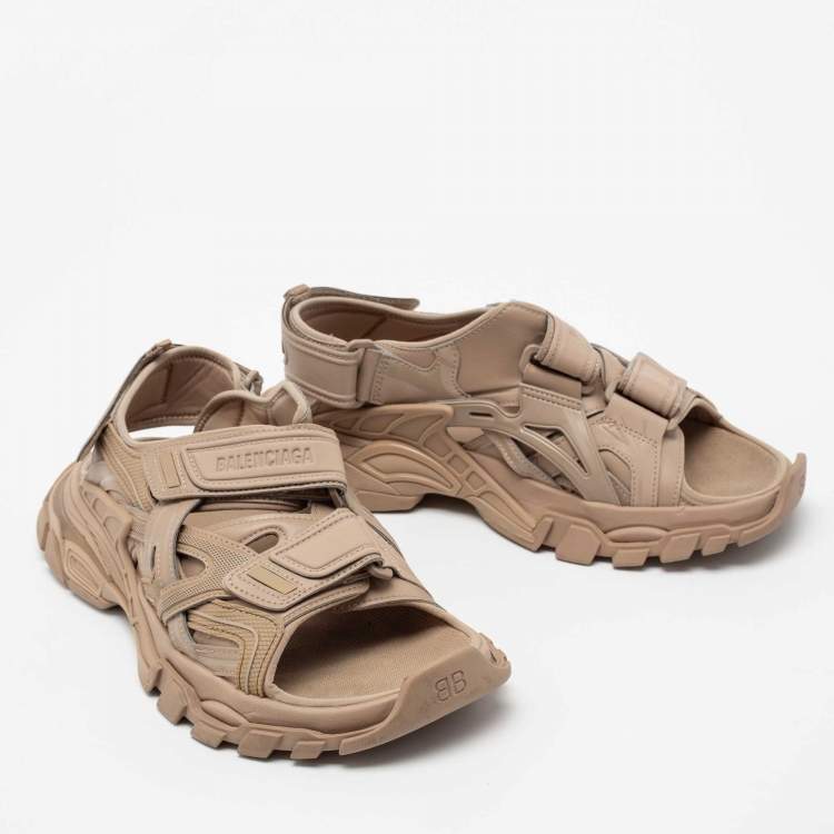 Pre Owned Balenciaga Light Brown Rubber and Leather Track Strap Sandals Size 42