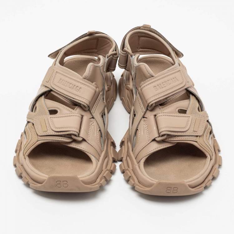 Pre Owned Balenciaga Light Brown Rubber and Leather Track Strap Sandals Size 42