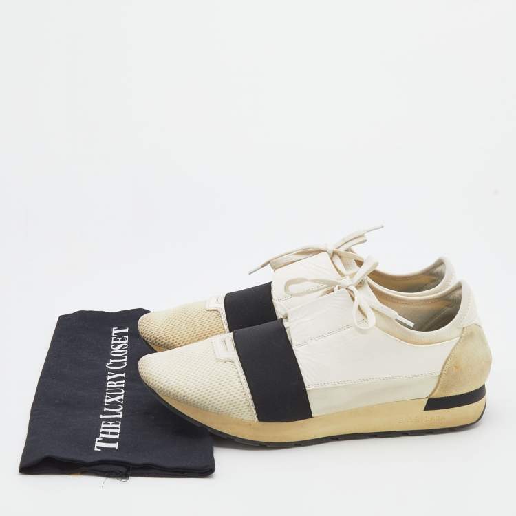 Pre Owned Balenciaga White/Black Mesh And Leather Race Runner Low Top Sneakers Size 44