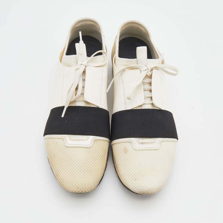 Pre Owned Balenciaga White/Black Mesh And Leather Race Runner Low Top Sneakers Size 44