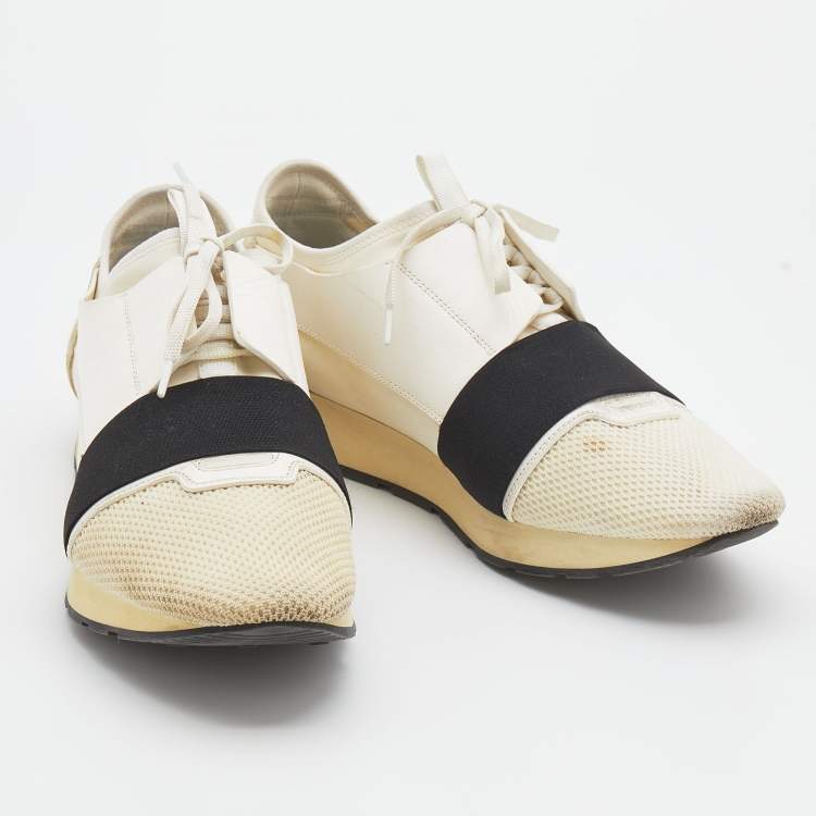 Pre Owned Balenciaga White/Black Mesh And Leather Race Runner Low Top Sneakers Size 44