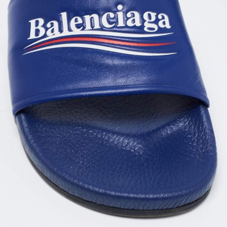 Pre Owned Balenciaga Blue Leather Slip on Slides Size 42