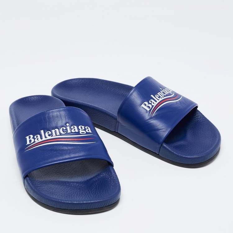 Pre Owned Balenciaga Blue Leather Slip on Slides Size 42