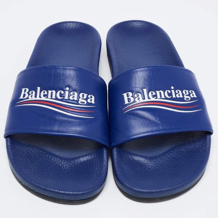 Pre Owned Balenciaga Blue Leather Slip on Slides Size 42