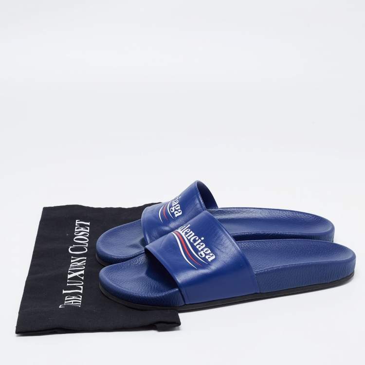 Pre Owned Balenciaga Blue Leather Slip on Slides Size 42