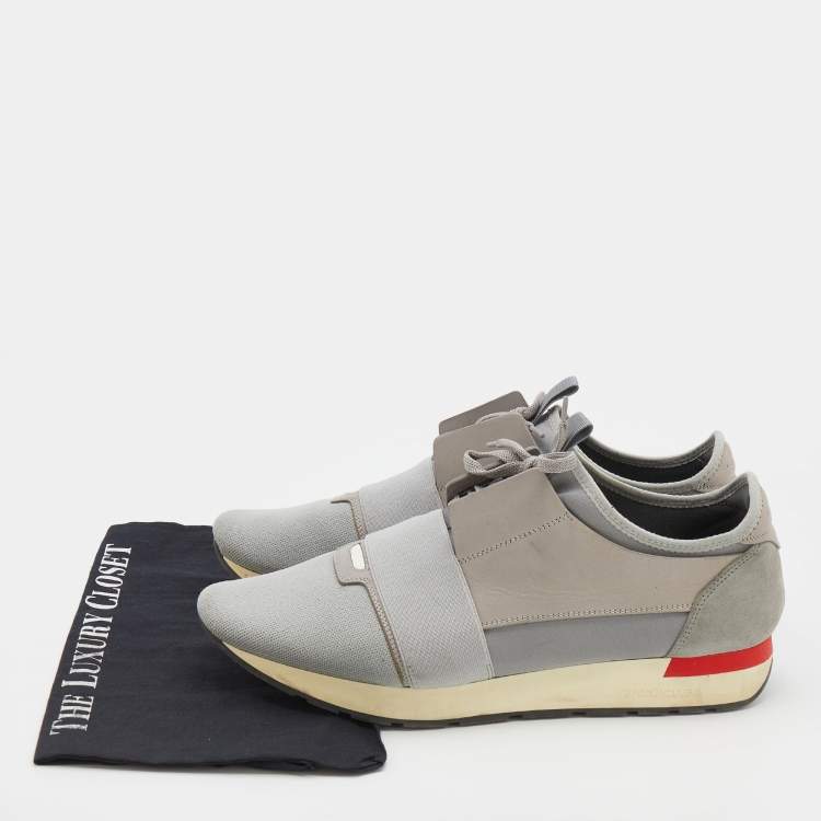 مملوكة مسبقًا Balenciaga Grey Knit Fabric And Leather Race Runner Low Top Sneakers Size 45