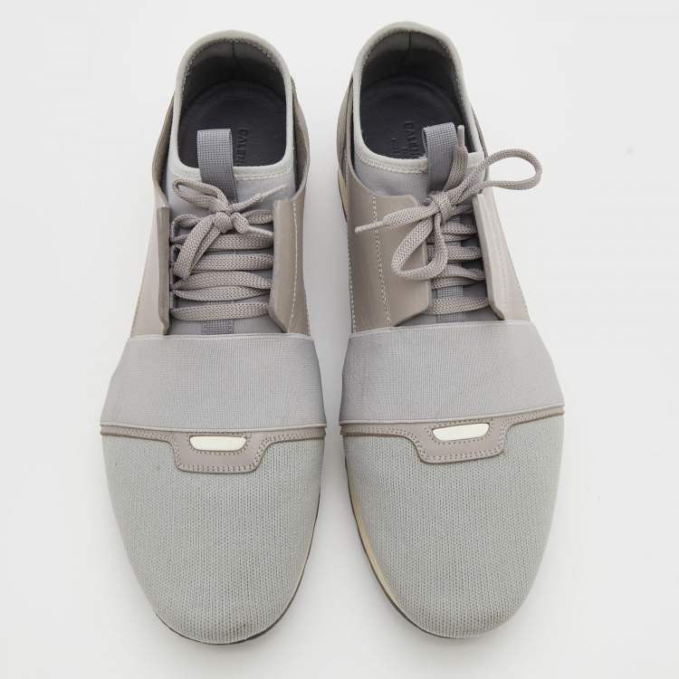 مملوكة مسبقًا Balenciaga Grey Knit Fabric And Leather Race Runner Low Top Sneakers Size 45