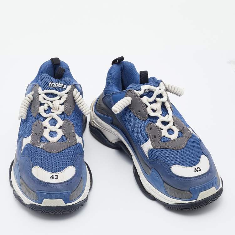 Pre Owned Balenciaga Blue/White Mesh And Leather Triple S Low Top Sneakers Size 43