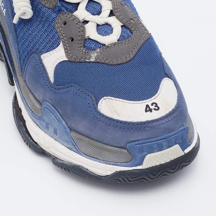 Pre Owned Balenciaga Blue/White Mesh And Leather Triple S Low Top Sneakers Size 43