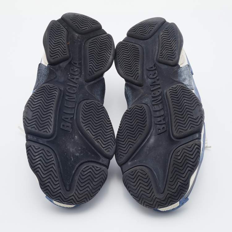 Pre Owned Balenciaga Blue/White Mesh And Leather Triple S Low Top Sneakers Size 43