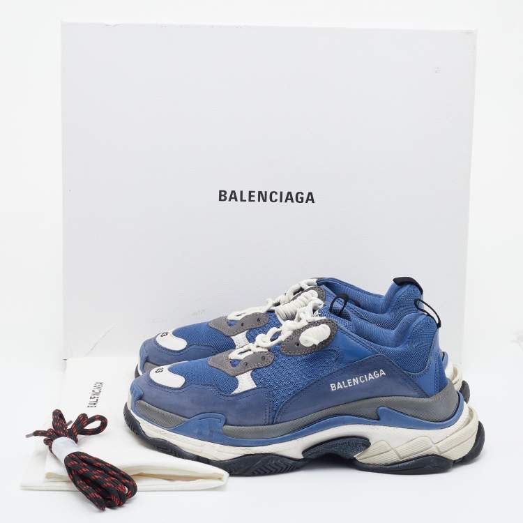 Pre Owned Balenciaga Blue/White Mesh And Leather Triple S Low Top Sneakers Size 43