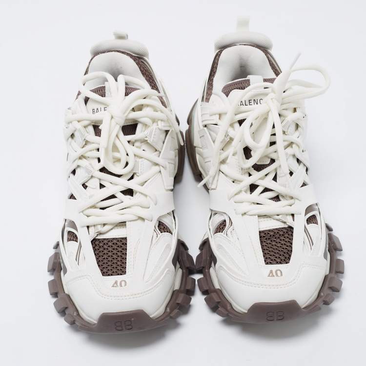Pre Owned Balenciaga White/Brown Leather  and Fabric Track Sneakers Size 40 