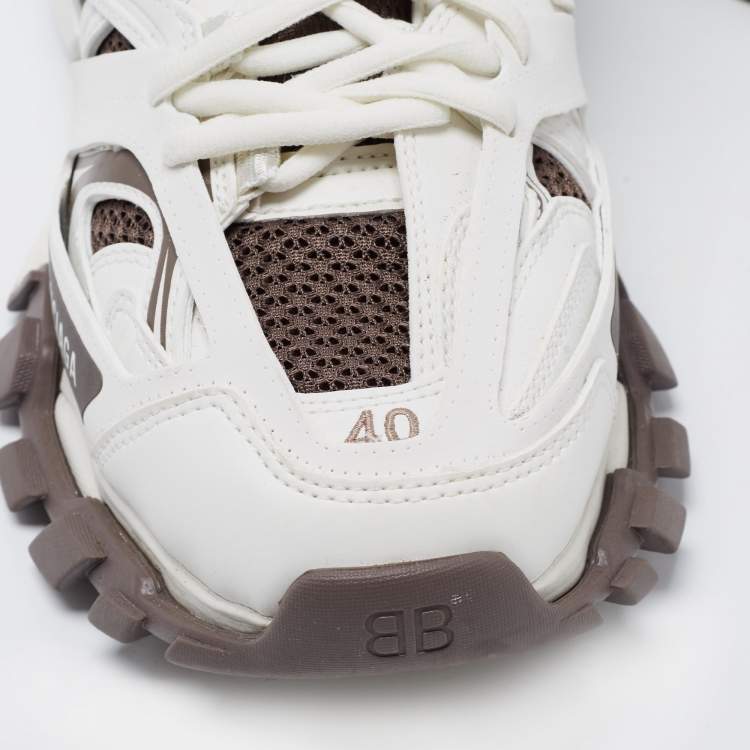Pre Owned Balenciaga White/Brown Leather  and Fabric Track Sneakers Size 40 