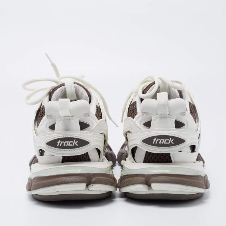 Pre Owned Balenciaga White/Brown Leather  and Fabric Track Sneakers Size 40 