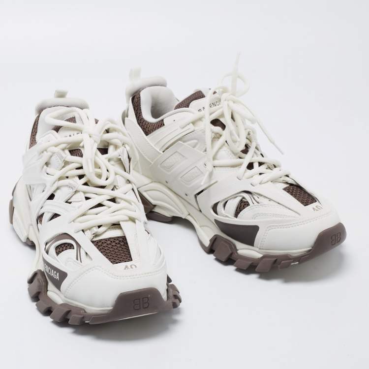 Pre Owned Balenciaga White/Brown Leather  and Fabric Track Sneakers Size 40 