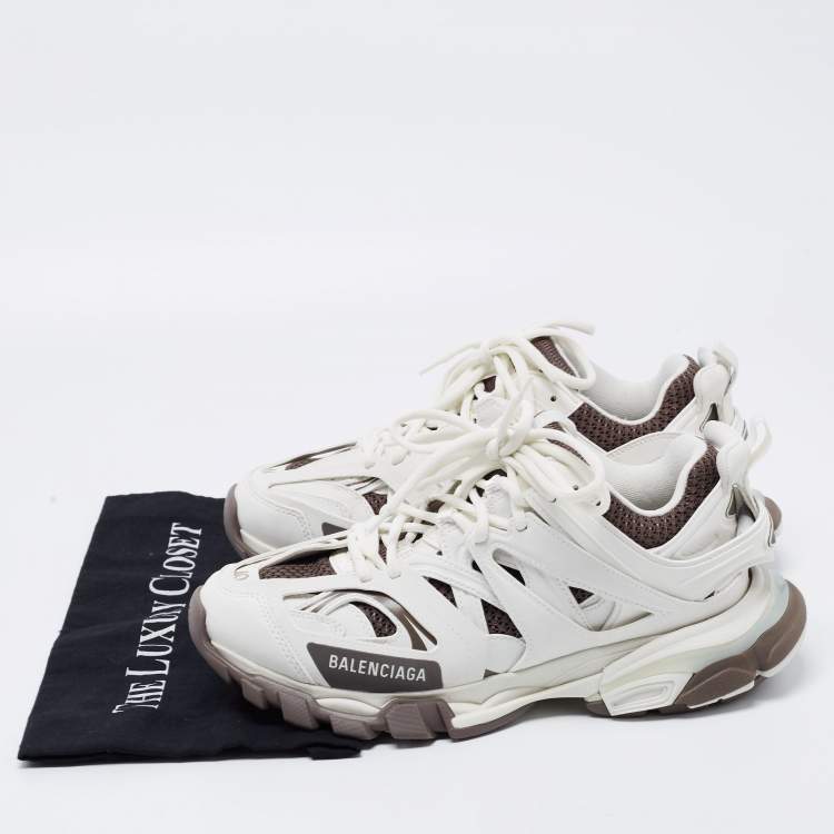 Pre Owned Balenciaga White/Brown Leather  and Fabric Track Sneakers Size 40 