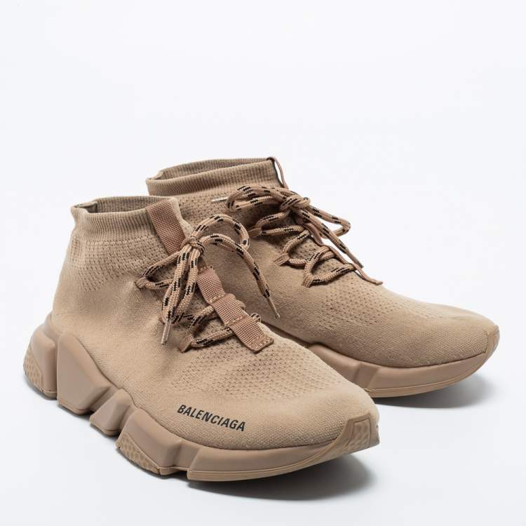 Pre Owned Balenciaga Beige Knit Fabric Speed Lace Up Sneakers Size 41