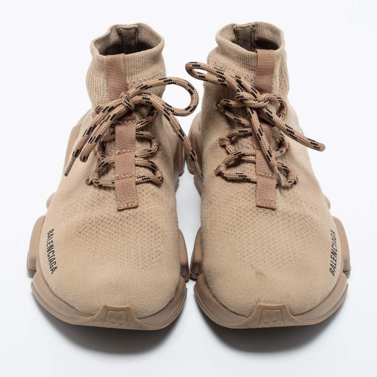 Pre Owned Balenciaga Beige Knit Fabric Speed Lace Up Sneakers Size 41