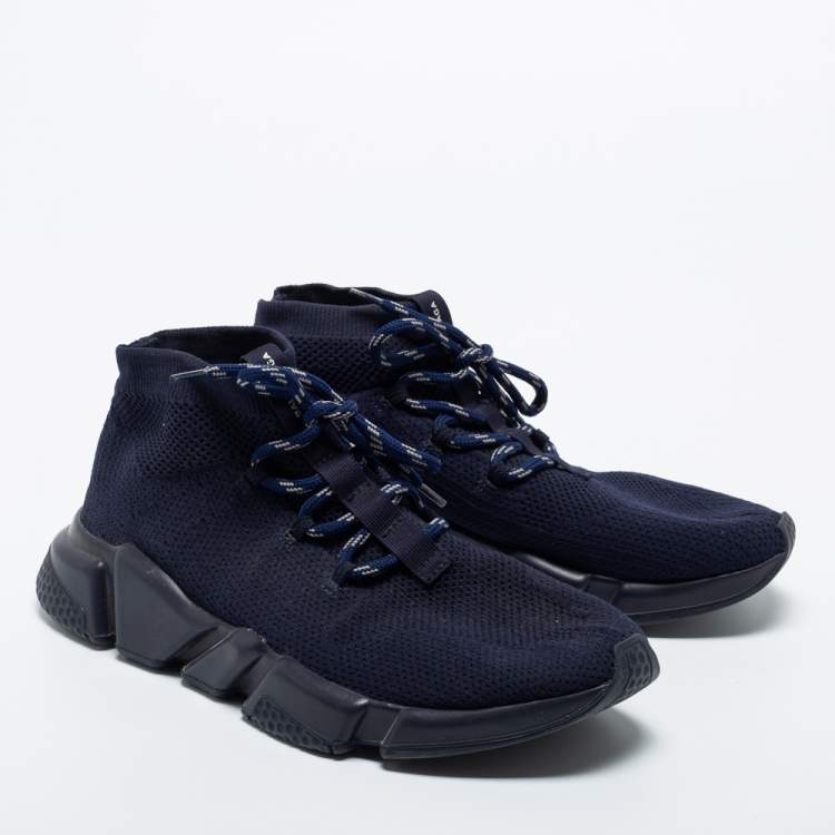 Pre Owned Balenciaga Navy Blue Knit Fabric High Top Sneakers Size 41