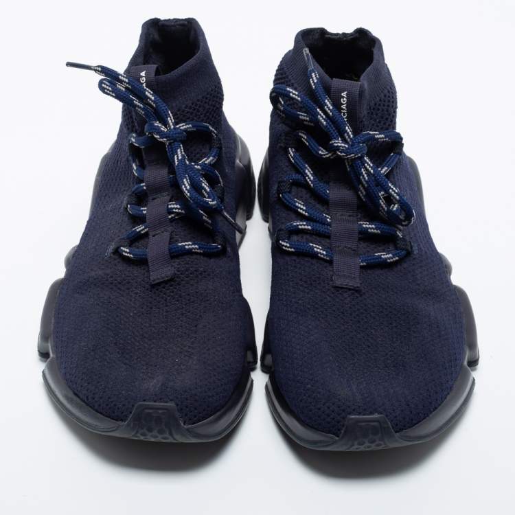 Pre Owned Balenciaga Navy Blue Knit Fabric High Top Sneakers Size 41