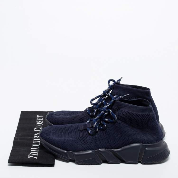 Pre Owned Balenciaga Navy Blue Knit Fabric High Top Sneakers Size 41