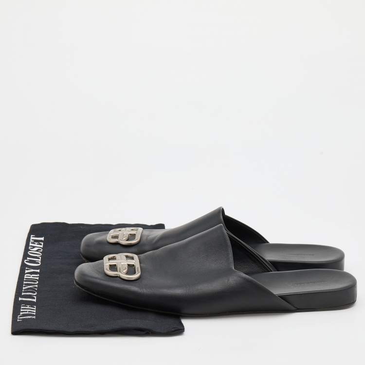 Pre Owned Balenciaga Black Leather Cosy BB Flat Mules Size 43