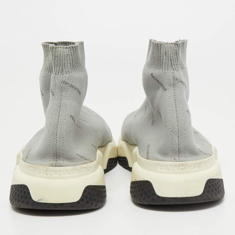 Pre Owned Balenciaga Grey Logo Print Knit Fabric Speed Trainer Sneakers Size 41
