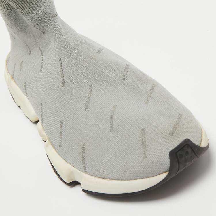 Pre Owned Balenciaga Grey Logo Print Knit Fabric Speed Trainer Sneakers Size 41