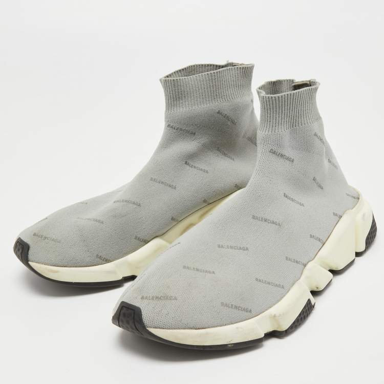 Pre Owned Balenciaga Grey Logo Print Knit Fabric Speed Trainer Sneakers Size 41
