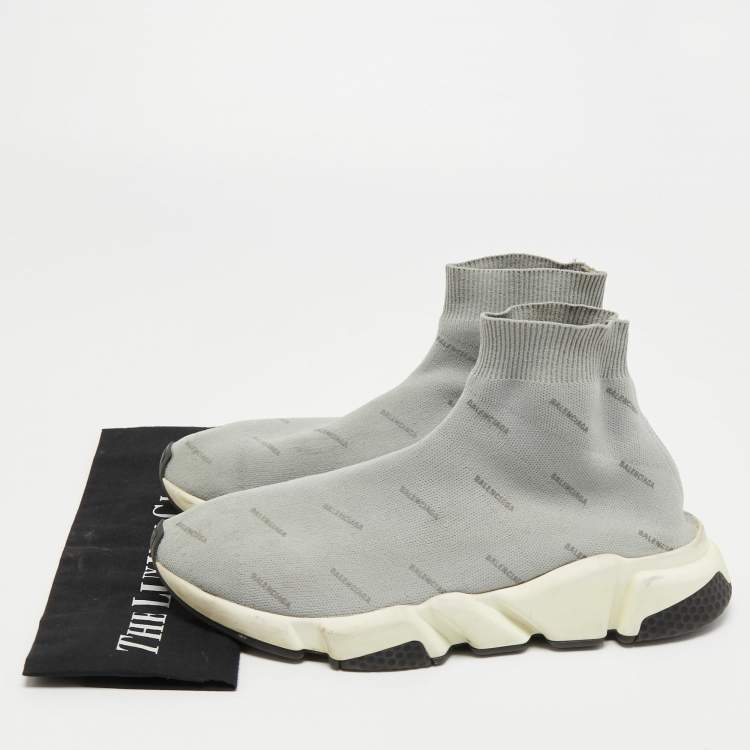 Pre Owned Balenciaga Grey Logo Print Knit Fabric Speed Trainer Sneakers Size 41
