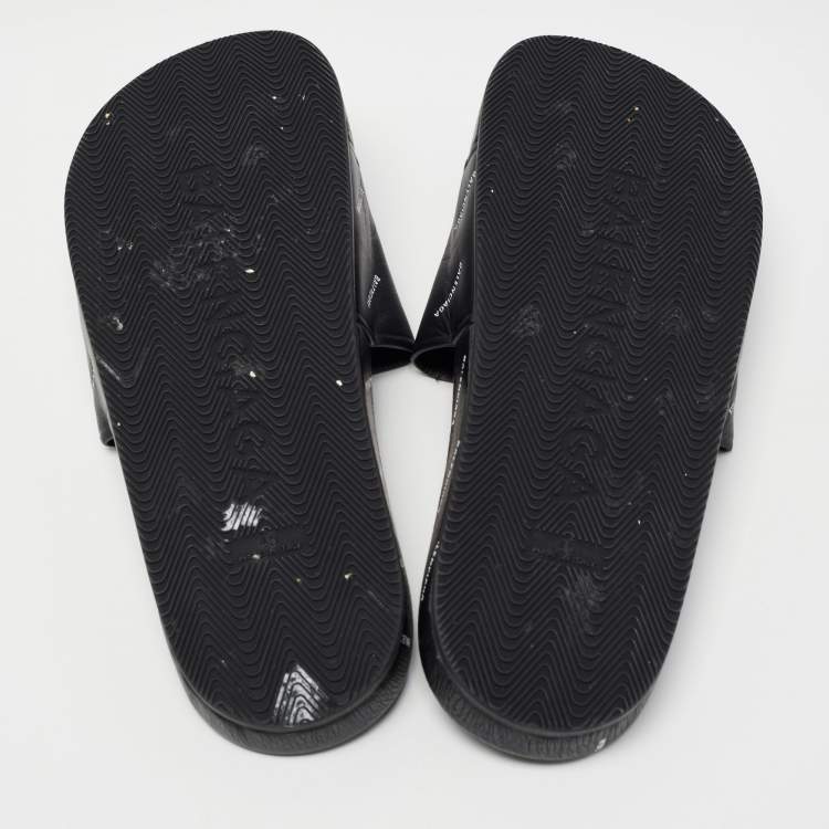 Pre Owned Balenciaga Black Logo Print Leather Slides Size 45