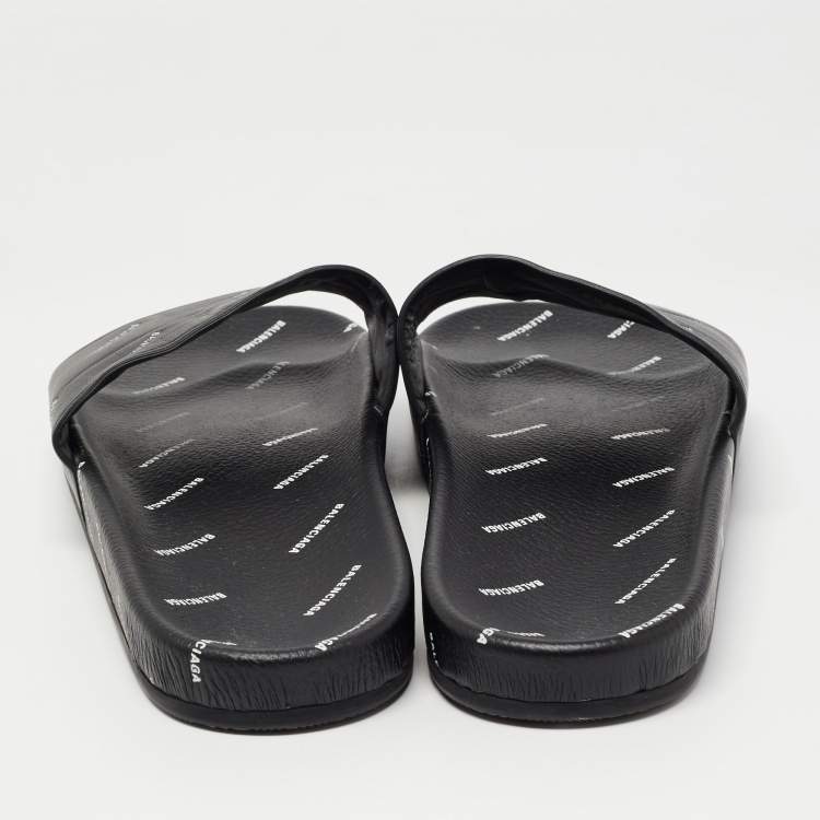 Pre Owned Balenciaga Black Logo Print Leather Slides Size 45