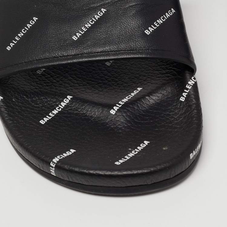 Pre Owned Balenciaga Black Logo Print Leather Slides Size 45