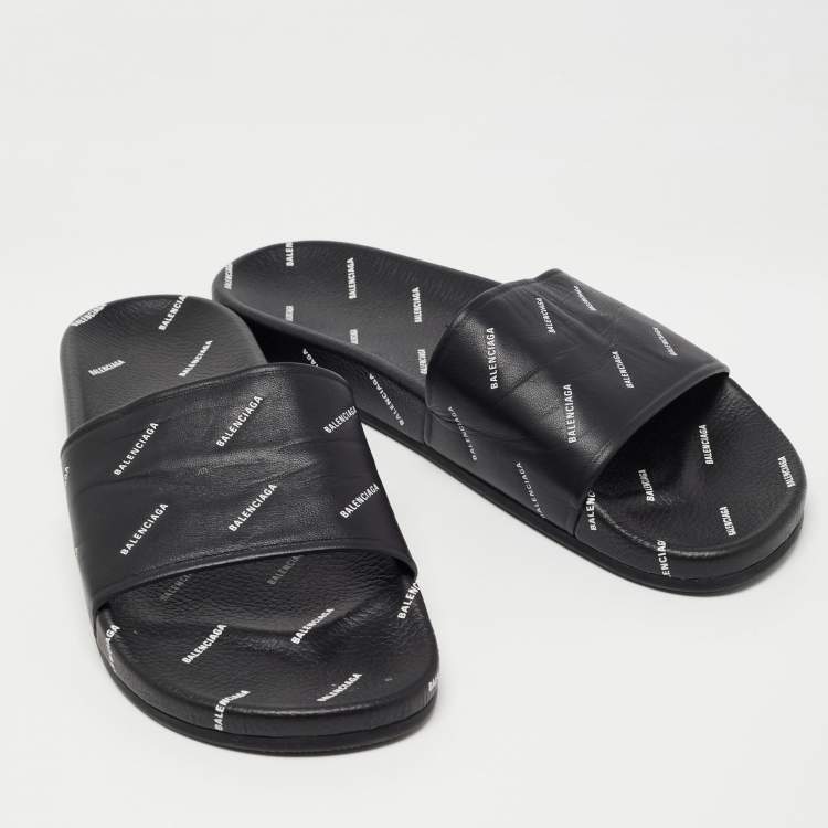 Pre Owned Balenciaga Black Logo Print Leather Slides Size 45