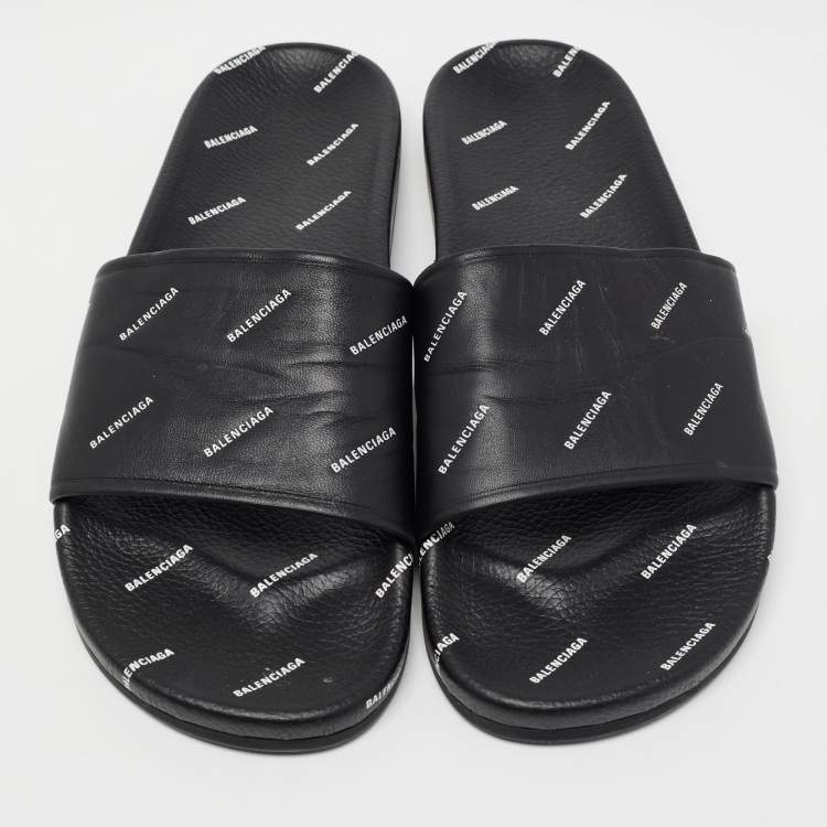 Pre Owned Balenciaga Black Logo Print Leather Slides Size 45