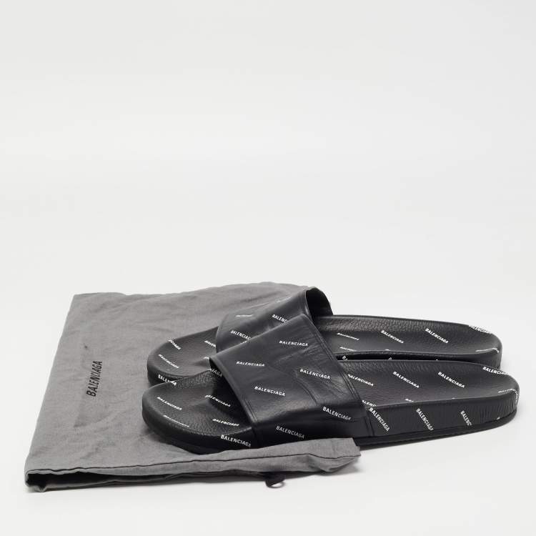 Pre Owned Balenciaga Black Logo Print Leather Slides Size 45