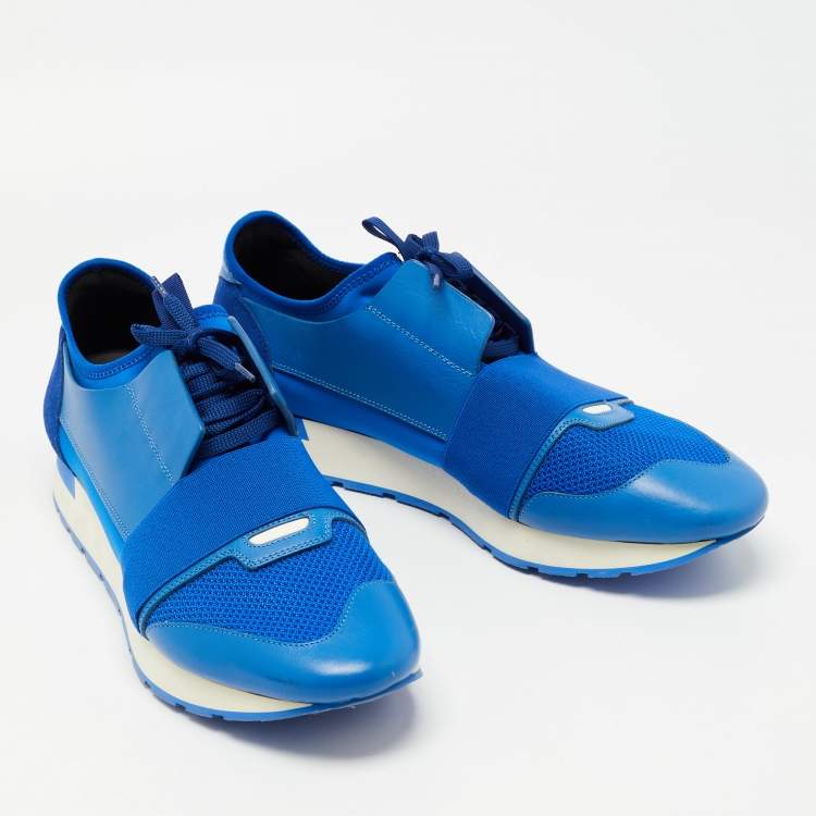 Pre Owned Balenciaga Blue Leather and Mesh Race Runner Sneakers Size 45