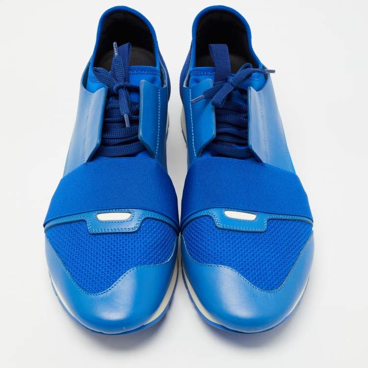 Pre Owned Balenciaga Blue Leather and Mesh Race Runner Sneakers Size 45