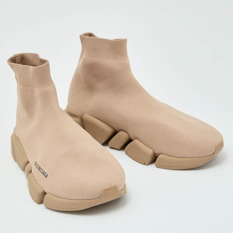 Pre Owned Balenciaga Beige Knit Fabric Speed Trainer Slip On Sneakers Size 43