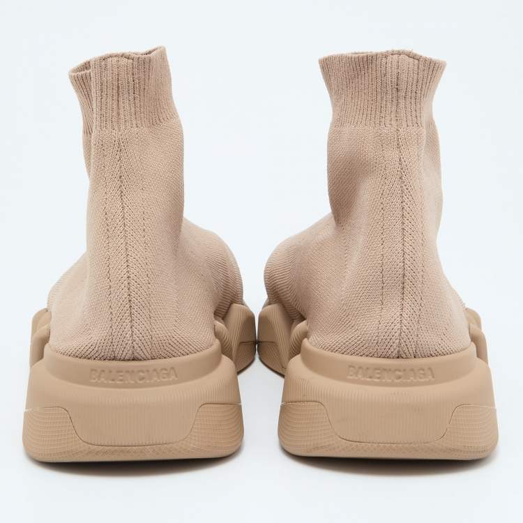 Pre Owned Balenciaga Beige Knit Fabric Speed Trainer Slip On Sneakers Size 43