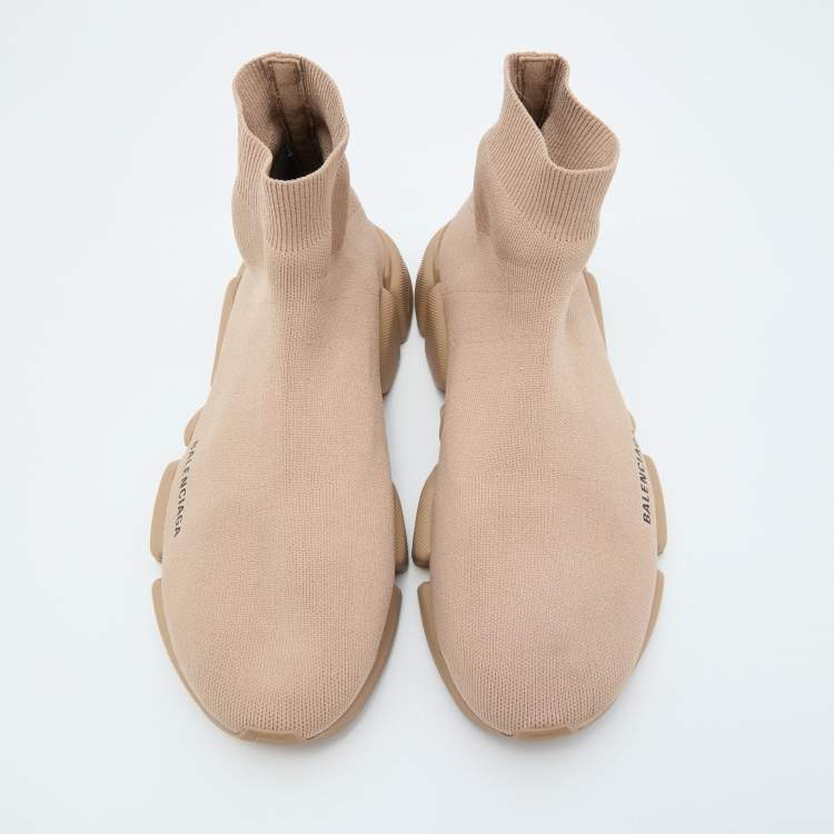 Pre Owned Balenciaga Beige Knit Fabric Speed Trainer Slip On Sneakers Size 43