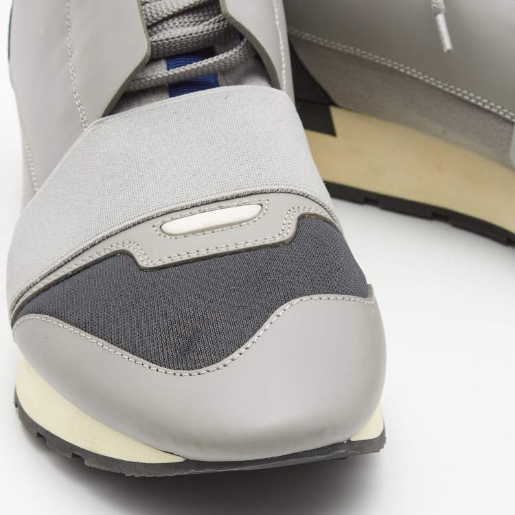 Pre Owned Balenciaga Grey Leather and Fabric Race Runner Sneakers Size 41