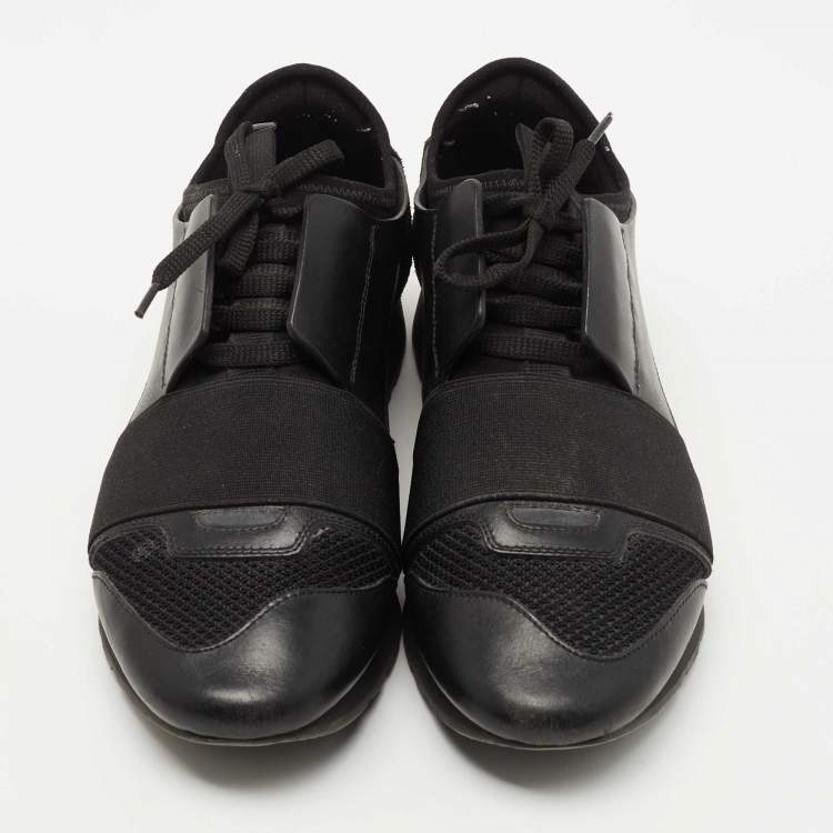 Pre Owned Balenciaga Black Leather and Fabric Race Runner Sneakers Size 39