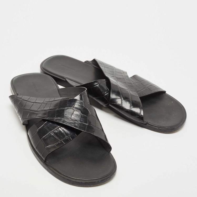 Pre Owned Balenciaga Black Croc Embossed Leather Cosy Slides Size 46